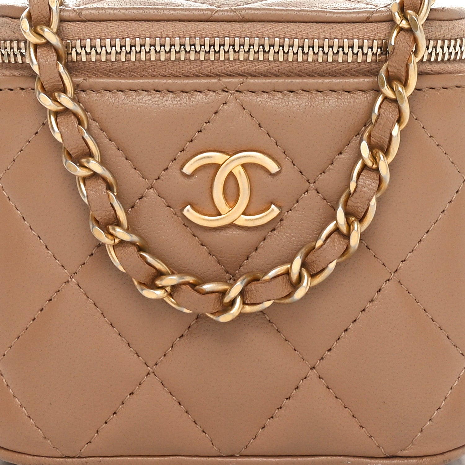 Lambskin Quilted Metal Mini Top Handle Vanity Case With Chain Beige