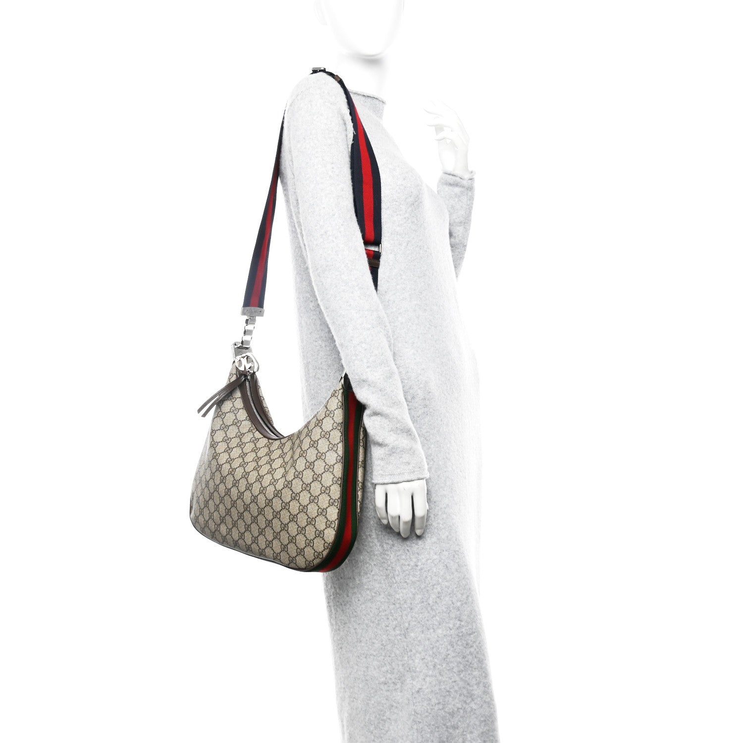 GG Supreme Monogram Textured Calfskin Web Large Attache Shoulder Bag  Beige Blue