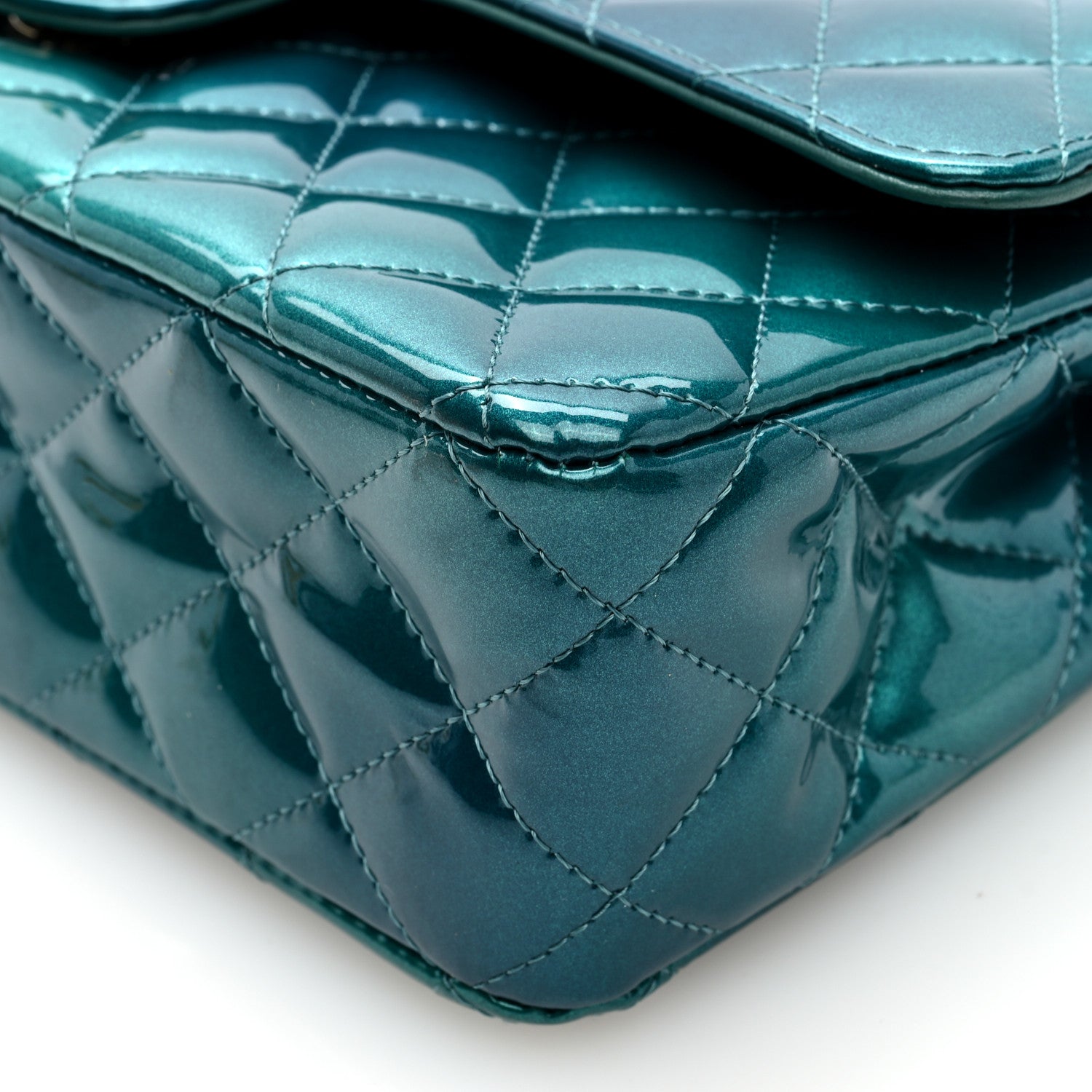 Shaded Patent Calfskin Quilted Medium Double Flap Green Blue
