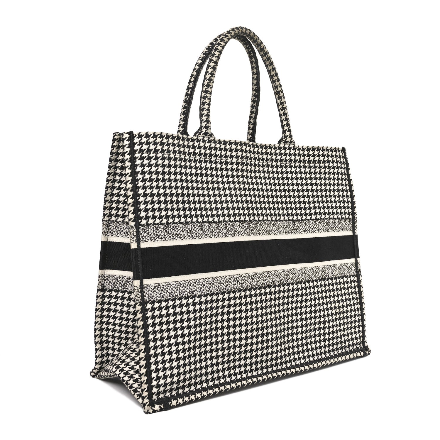 Canvas Houndstooth Embroidered Large Book Tote Black White