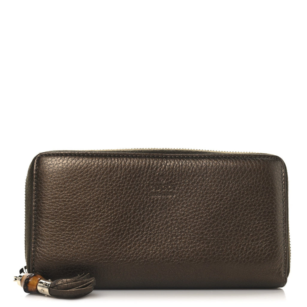 Metallic Calfskin Bamboo Tassel Zip Around Wallet Bronze
