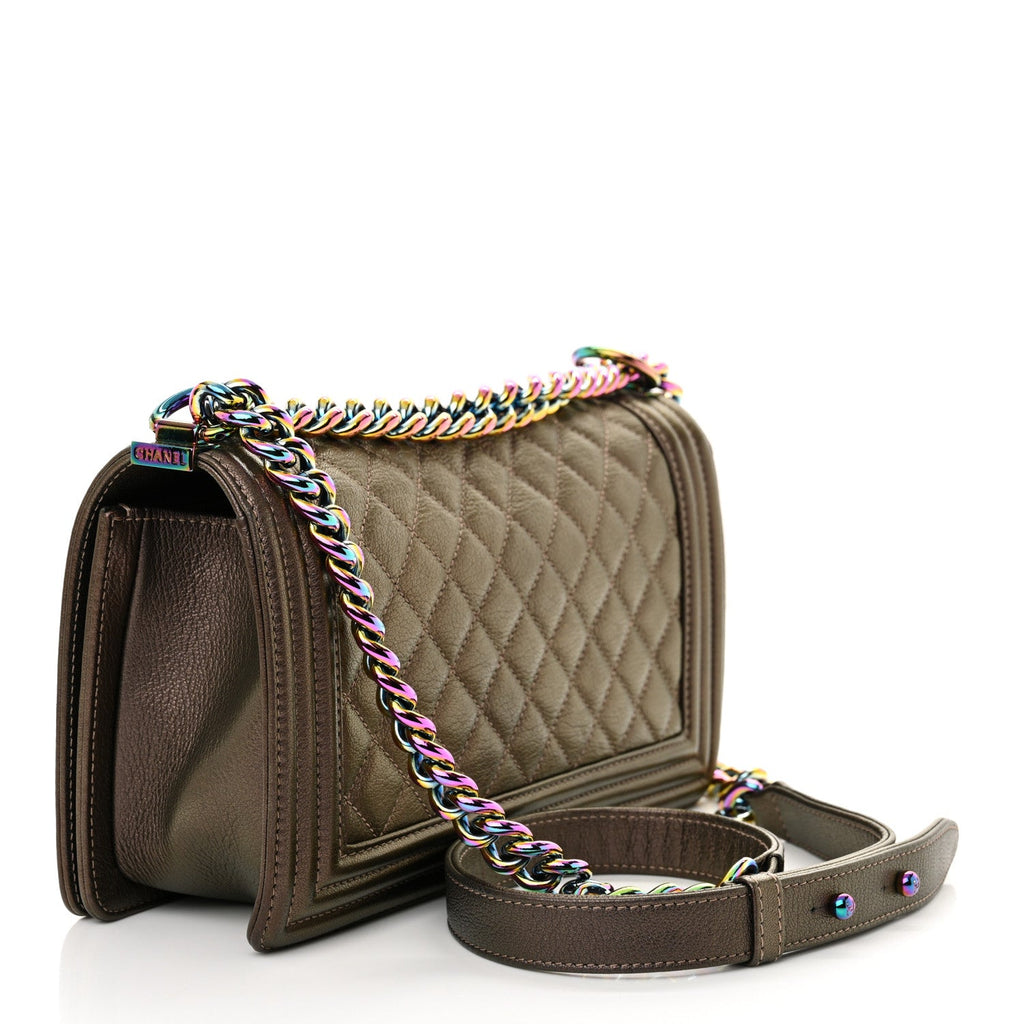 Iridescent Goatskin Quilted Medium Boy Flap Dark Gold
