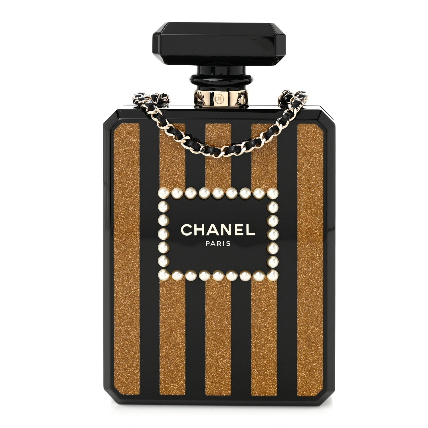 Plexiglass Perfume Bottle Clutch Black Gold