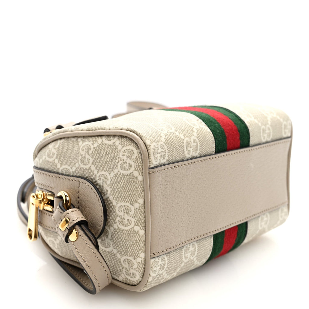 GG Supreme Monogram Textured Dollar Calfskin Web Super Mini Ophidia Top Handle Bowler Bag Beige Mystic White Oatmeal