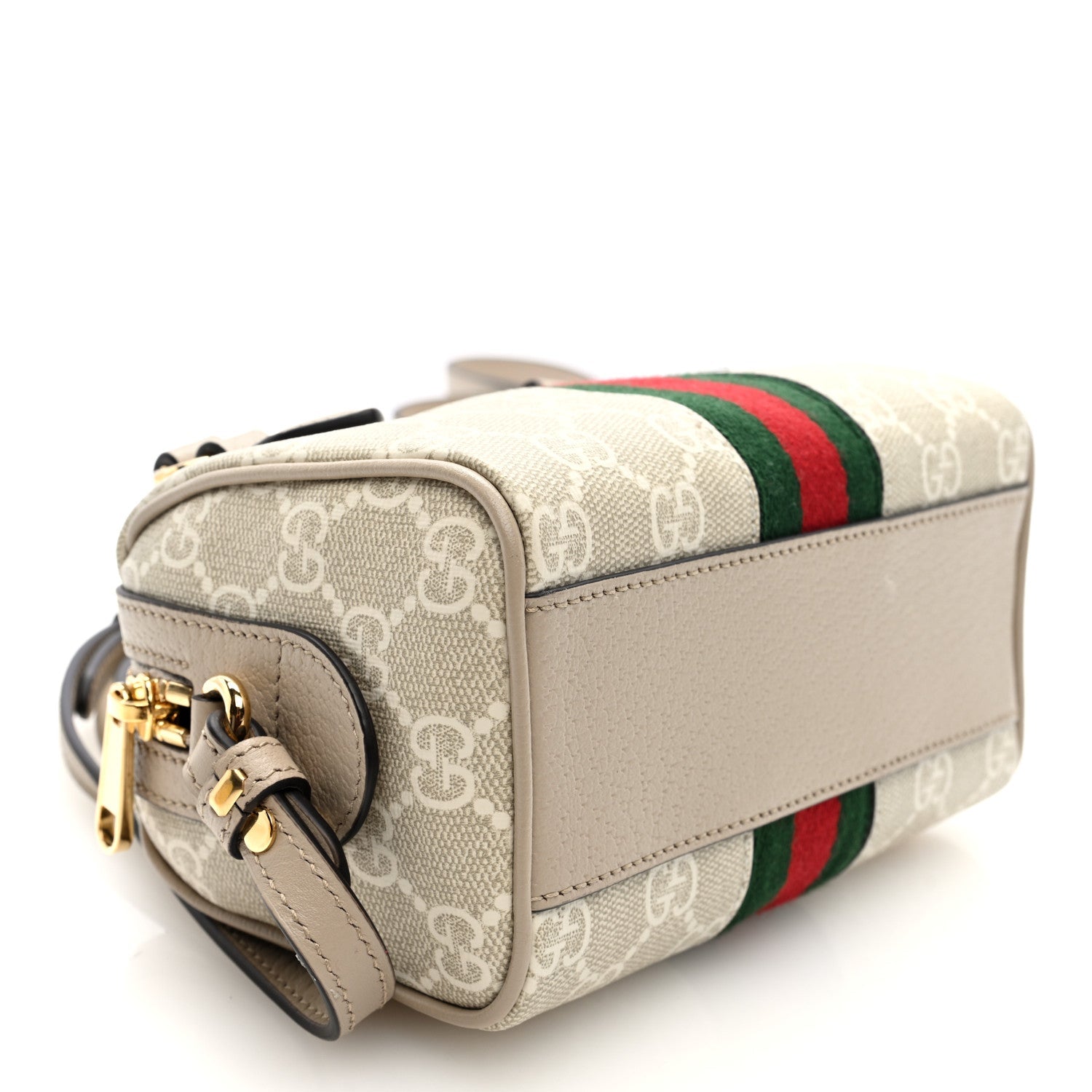 GG Supreme Monogram Textured Dollar Calfskin Web Super Mini Ophidia Top Handle Bowler Bag Beige Mystic White Oatmeal