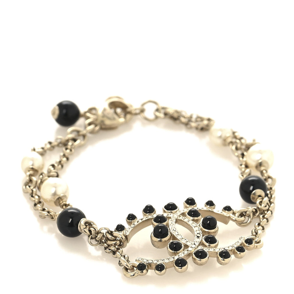 Crystal Enamel Pearl CC Bracelet Black Gold