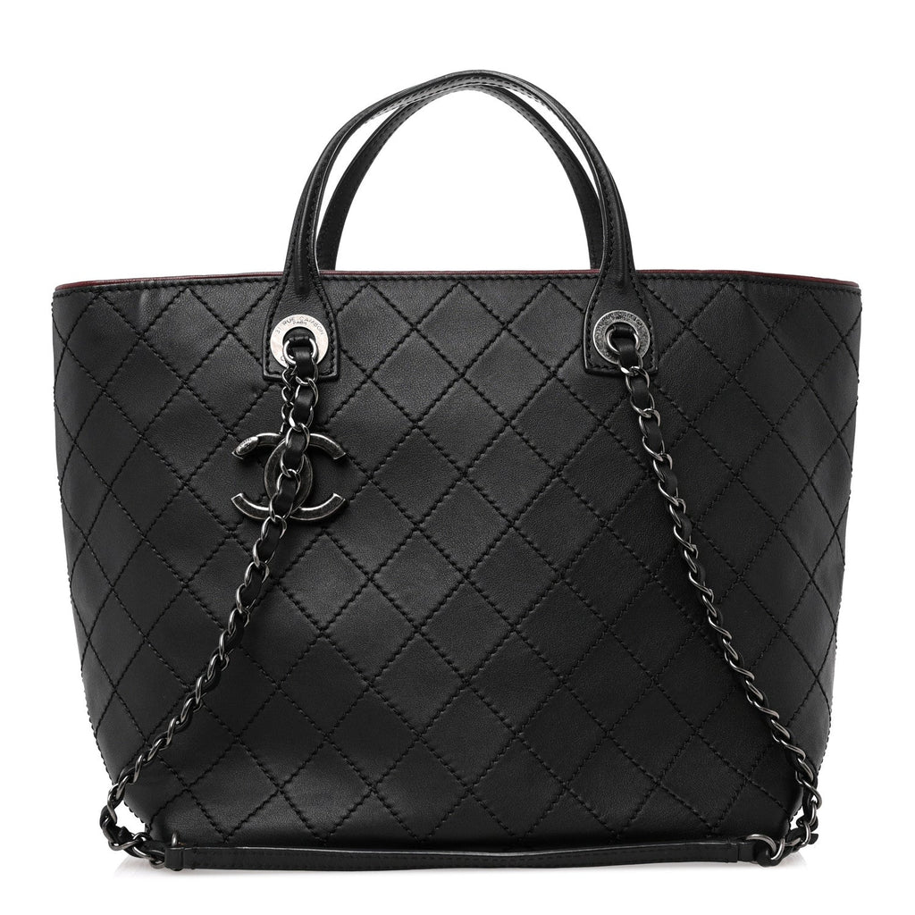 Calfskin Stitched Medium Shopping Tote Black