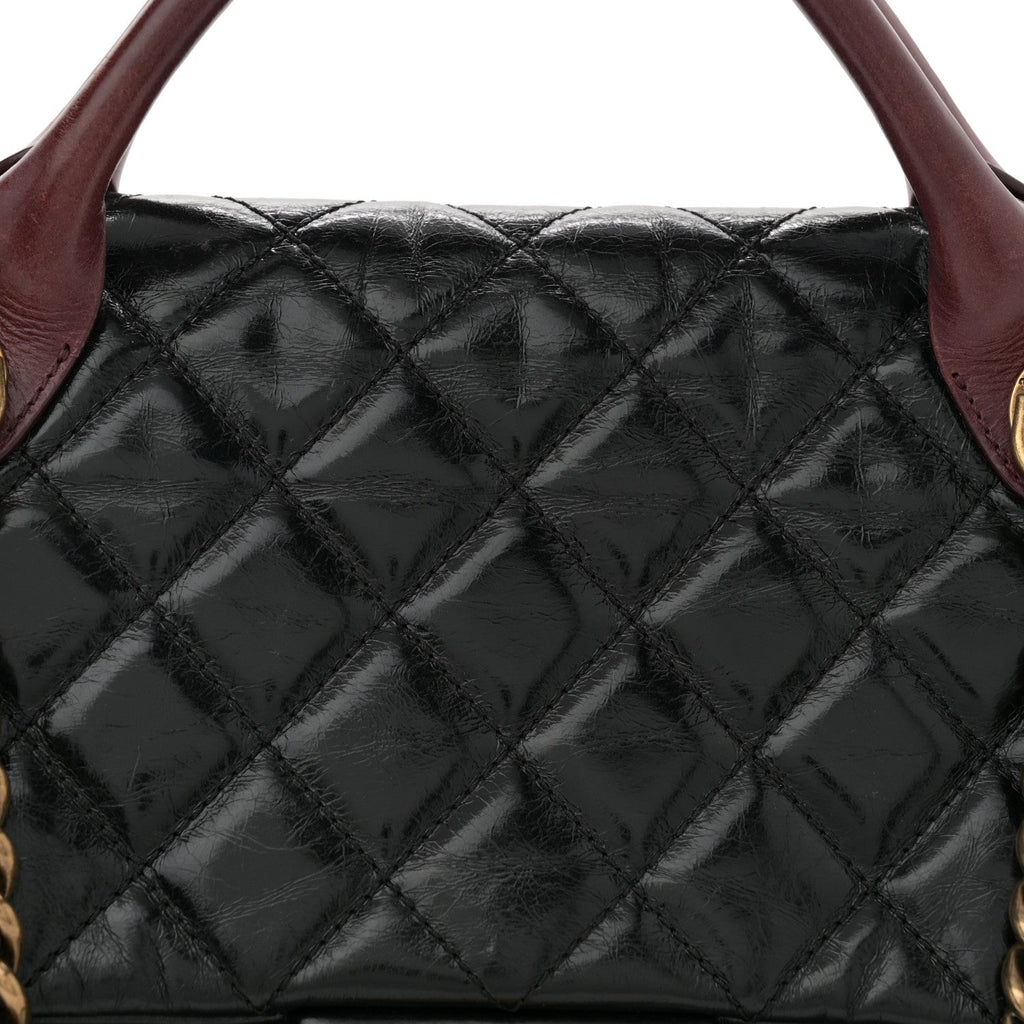 Glazed Calfskin Castle Rock Large Flap Black Burgundy