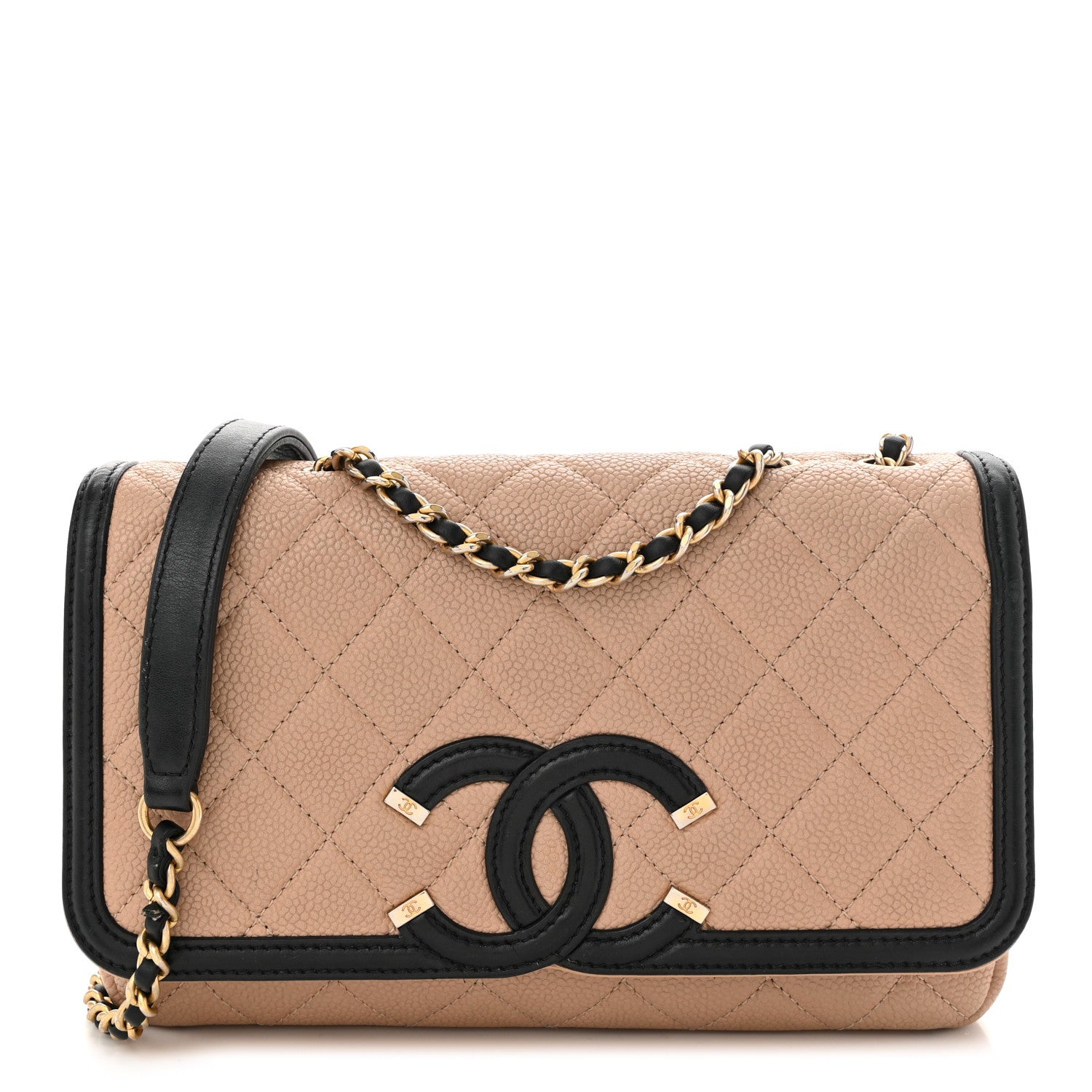 Caviar Quilted Small CC Filigree Flap Beige Black