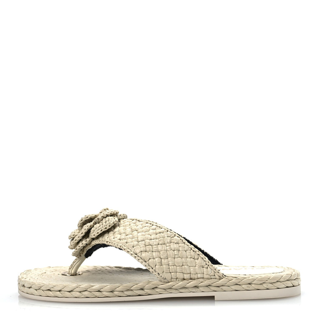 Raffia Camellia Flower Thong Sandals 38.5 Ivory
