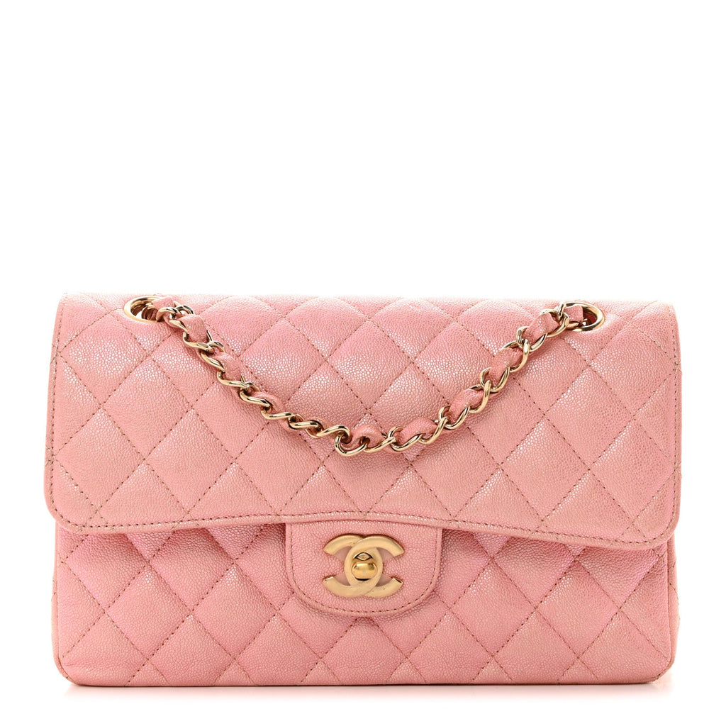 Iridescent Caviar Quilted Small Double Flap Pink