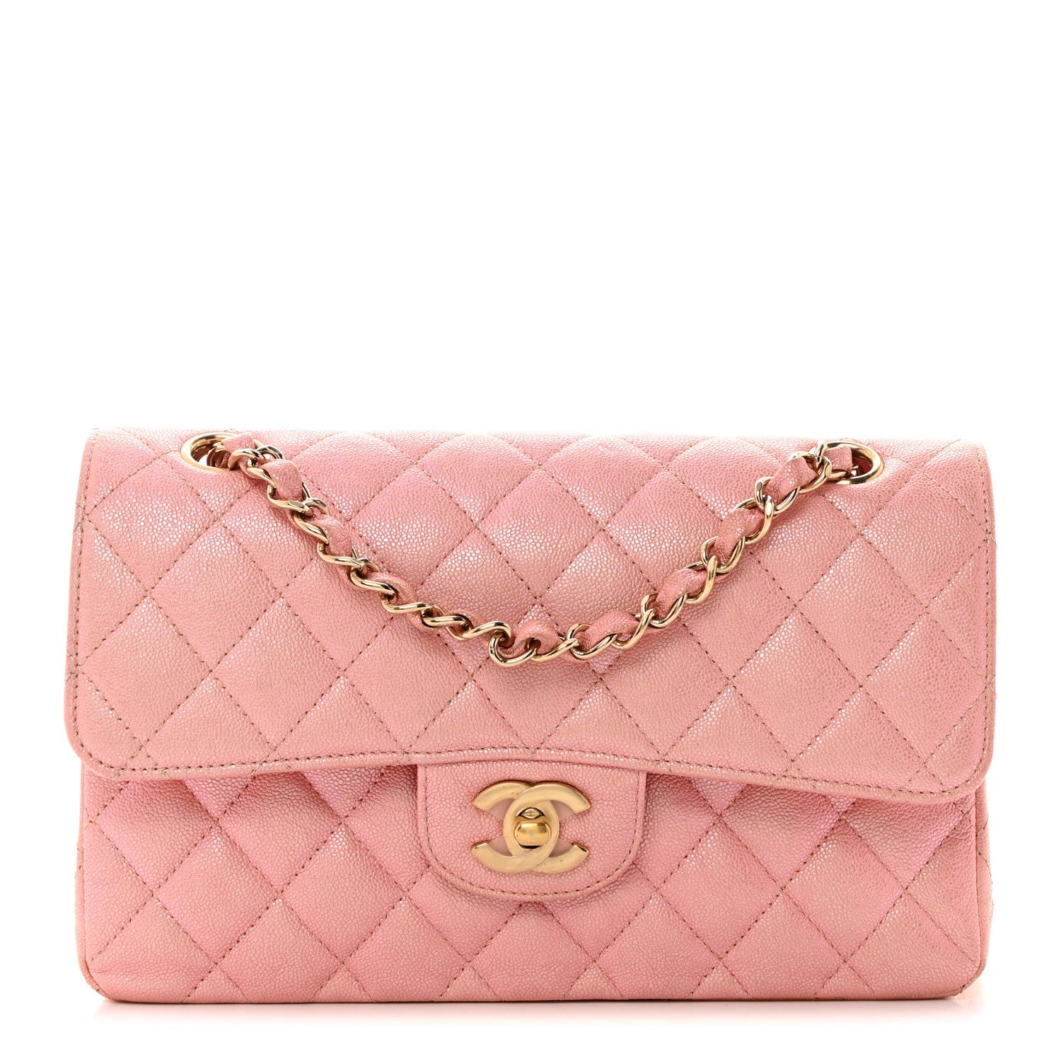 Iridescent Caviar Quilted Small Double Flap Pink