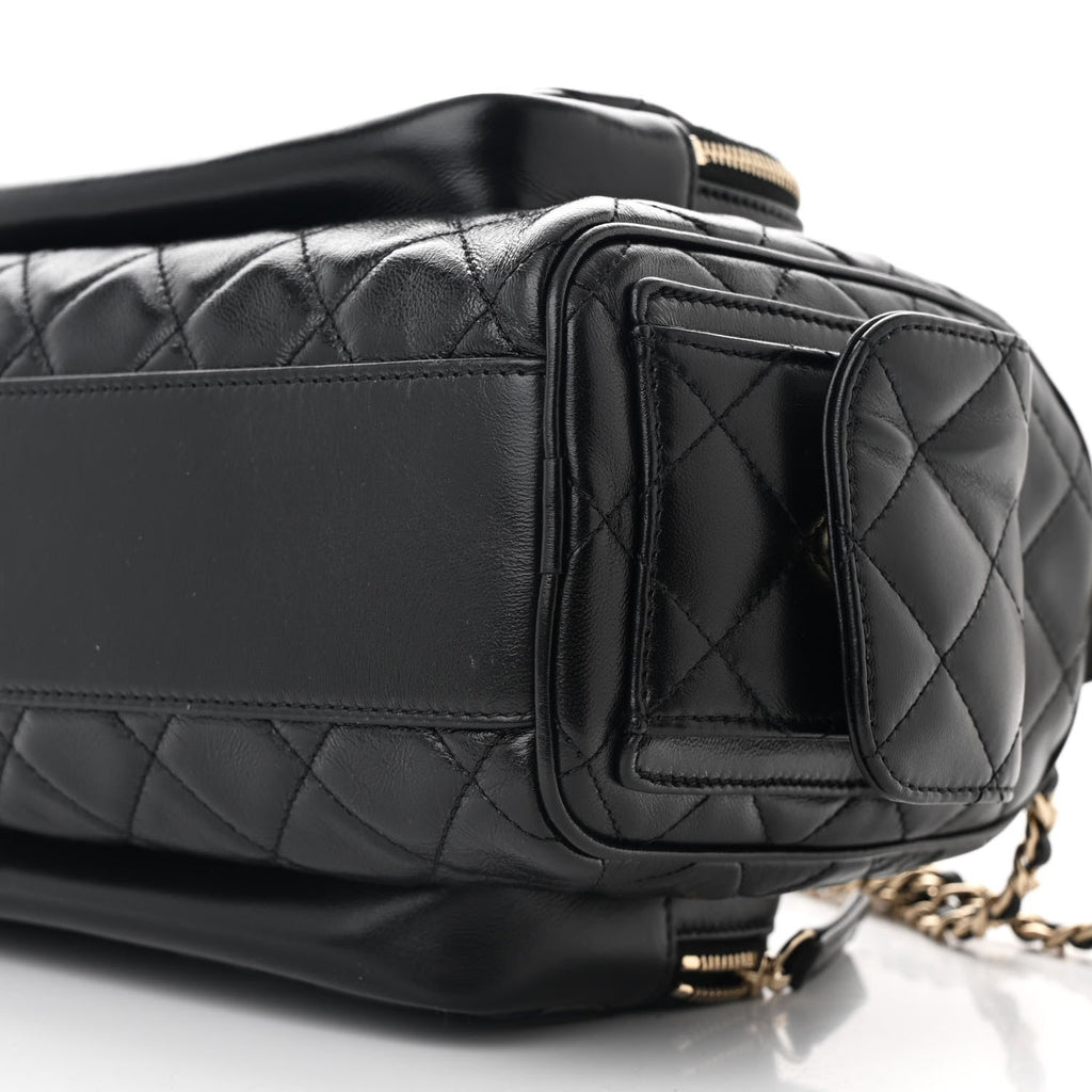 Shiny Crumpled Lambskin Quilted Medium Preppy Pocket Camera Case Black
