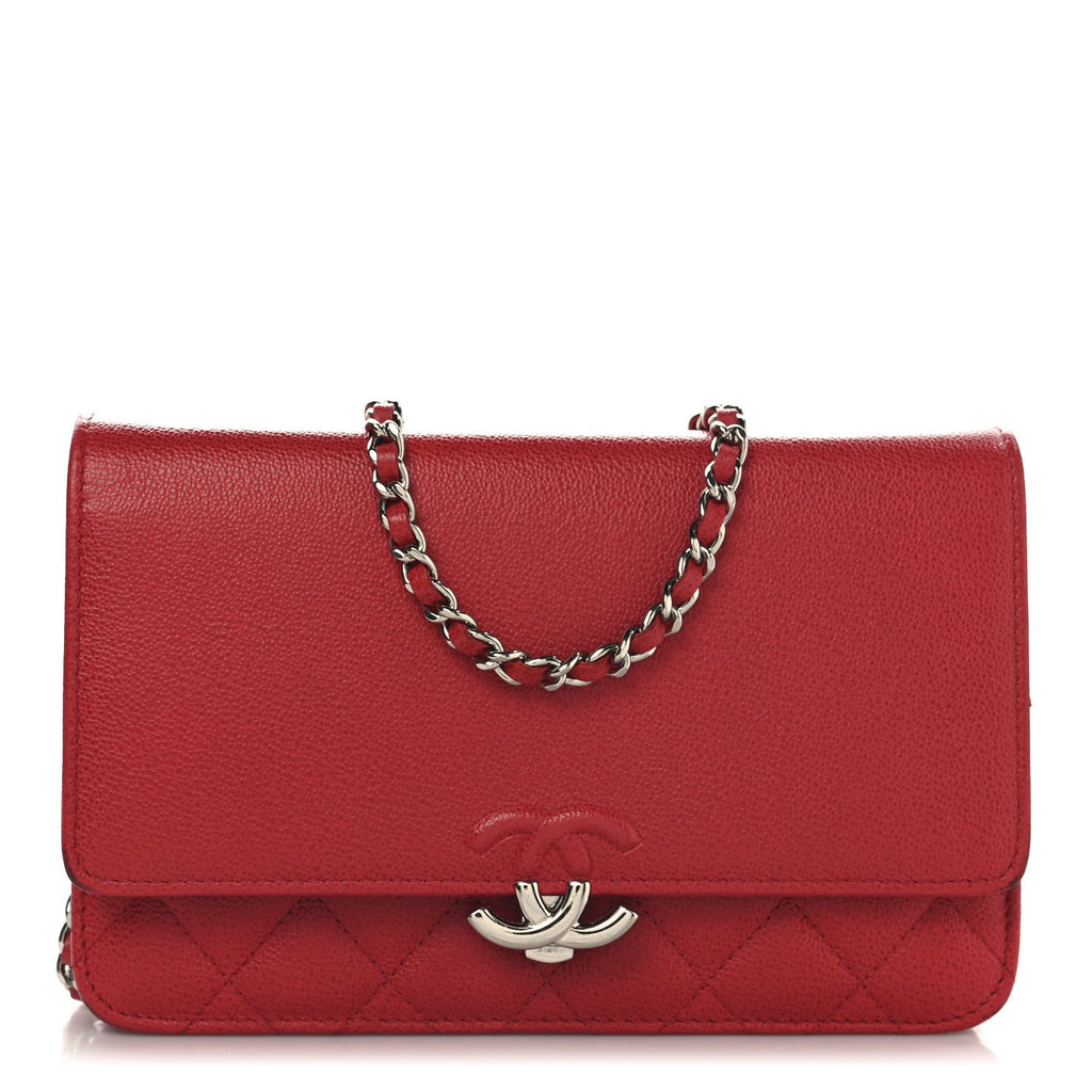 Grained Calfskin Quilted CC Box Wallet On Chain WOC Red