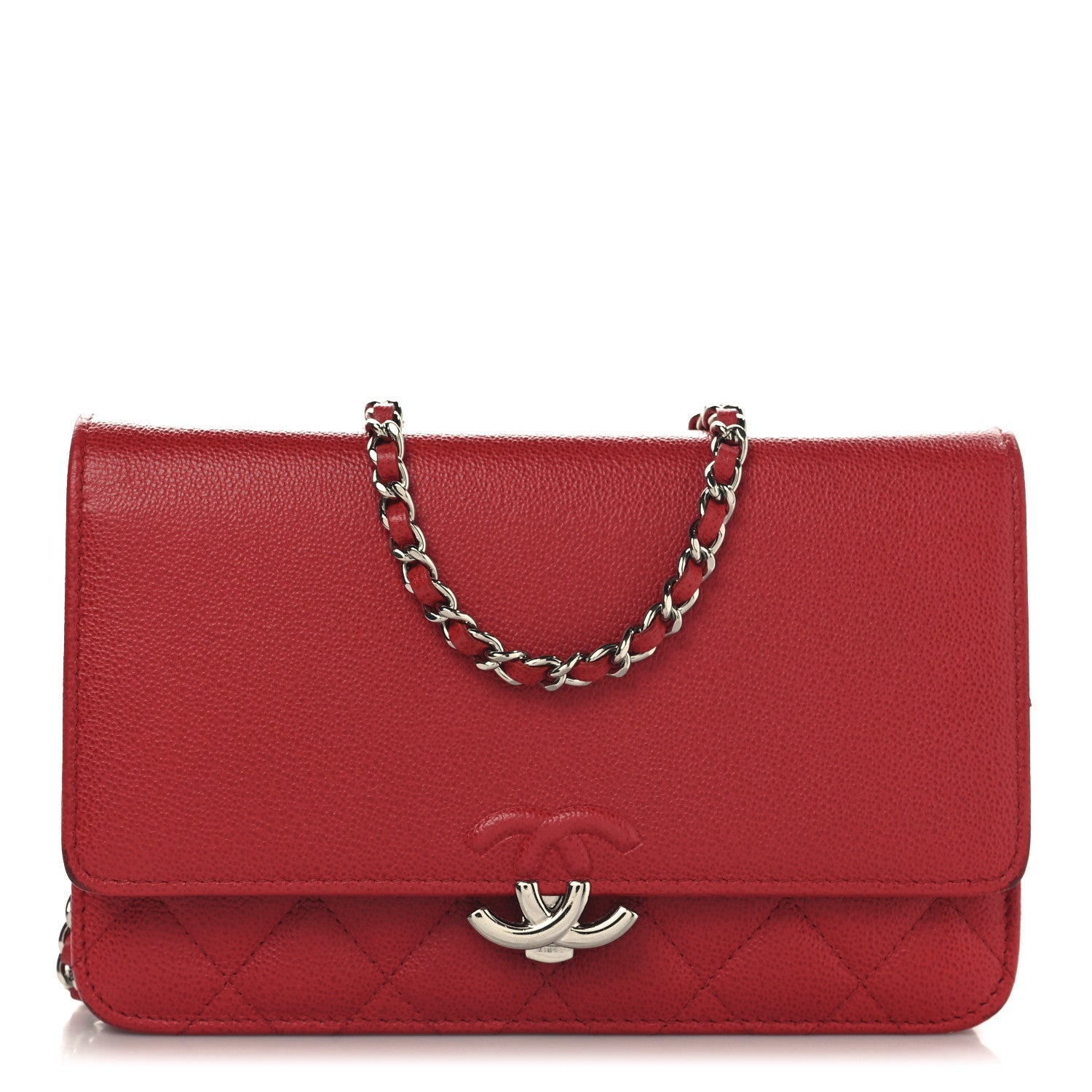 Grained Calfskin Quilted CC Box Wallet On Chain WOC Red