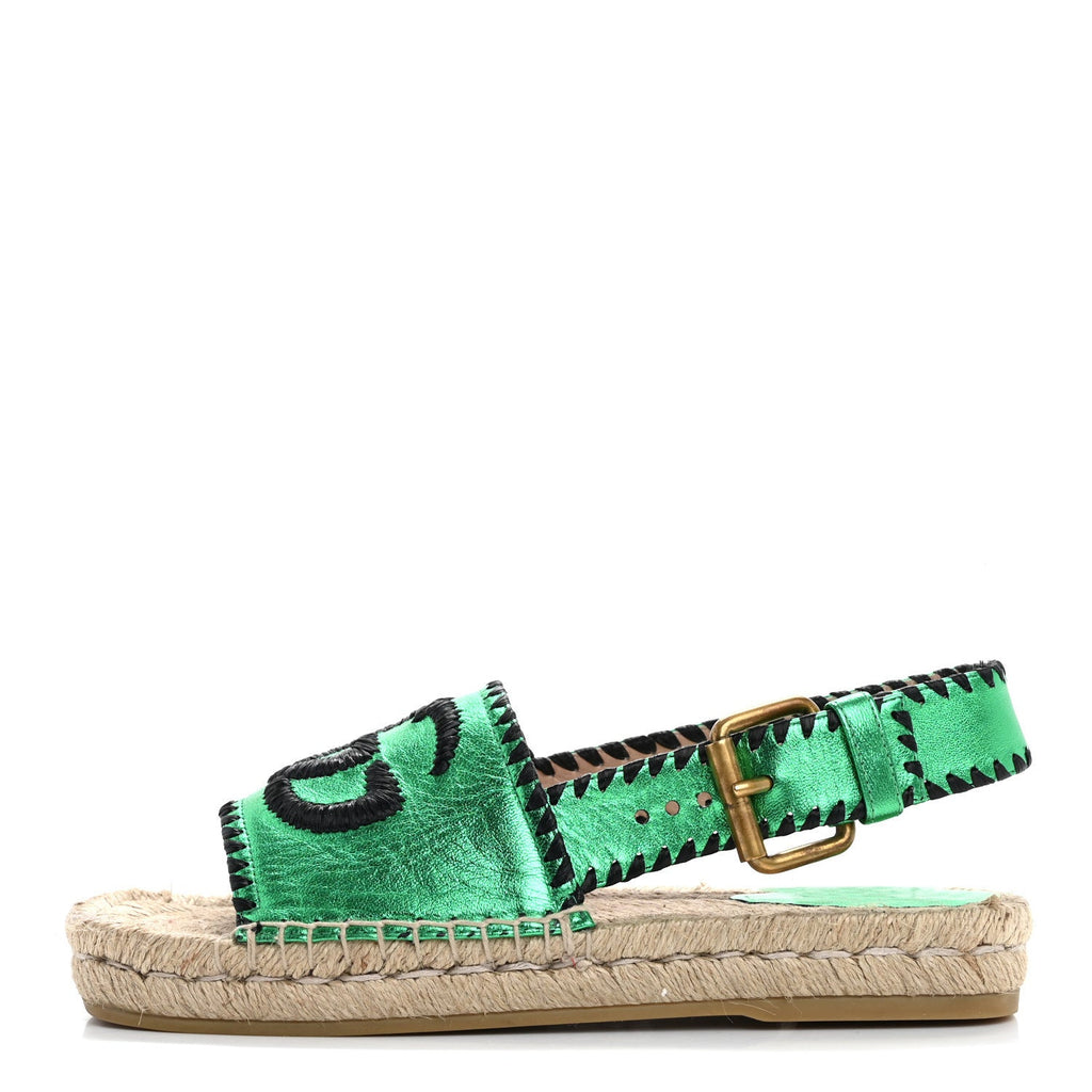 Metallic Nappa Embroidered Double G Espadrille Slingback Sandals 35 Green