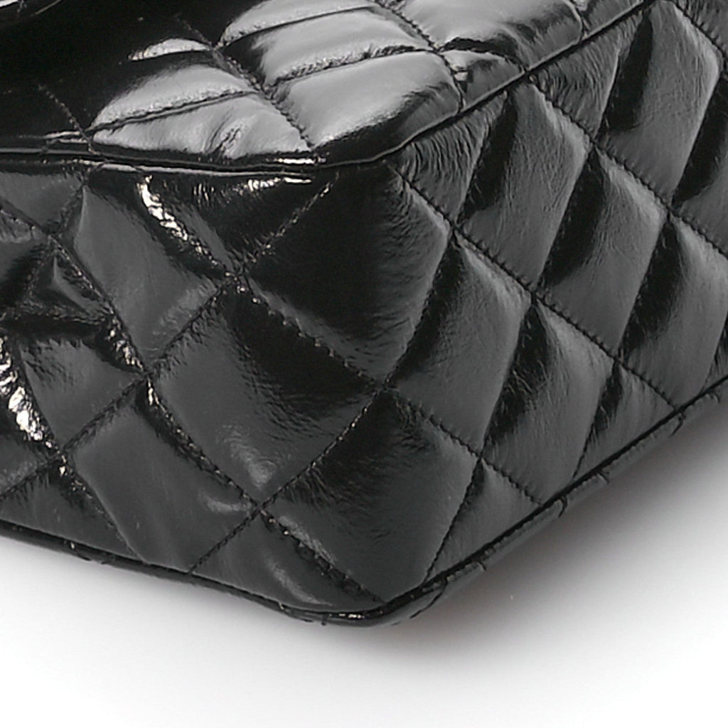 Shiny Crumpled Calfskin Quilted Small Double Flap So Black