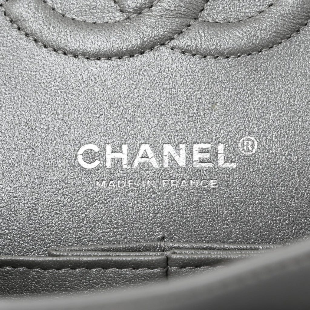 Iridescent Lambskin Quilted Medium Double Flap Grey