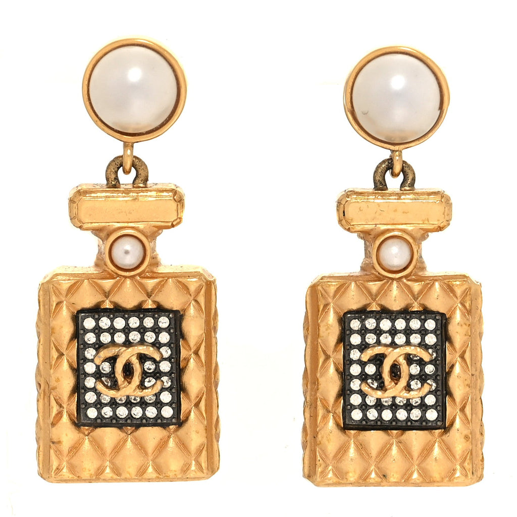 Crystal Pearl CC Perfume Bottle Drop Earrings Gold