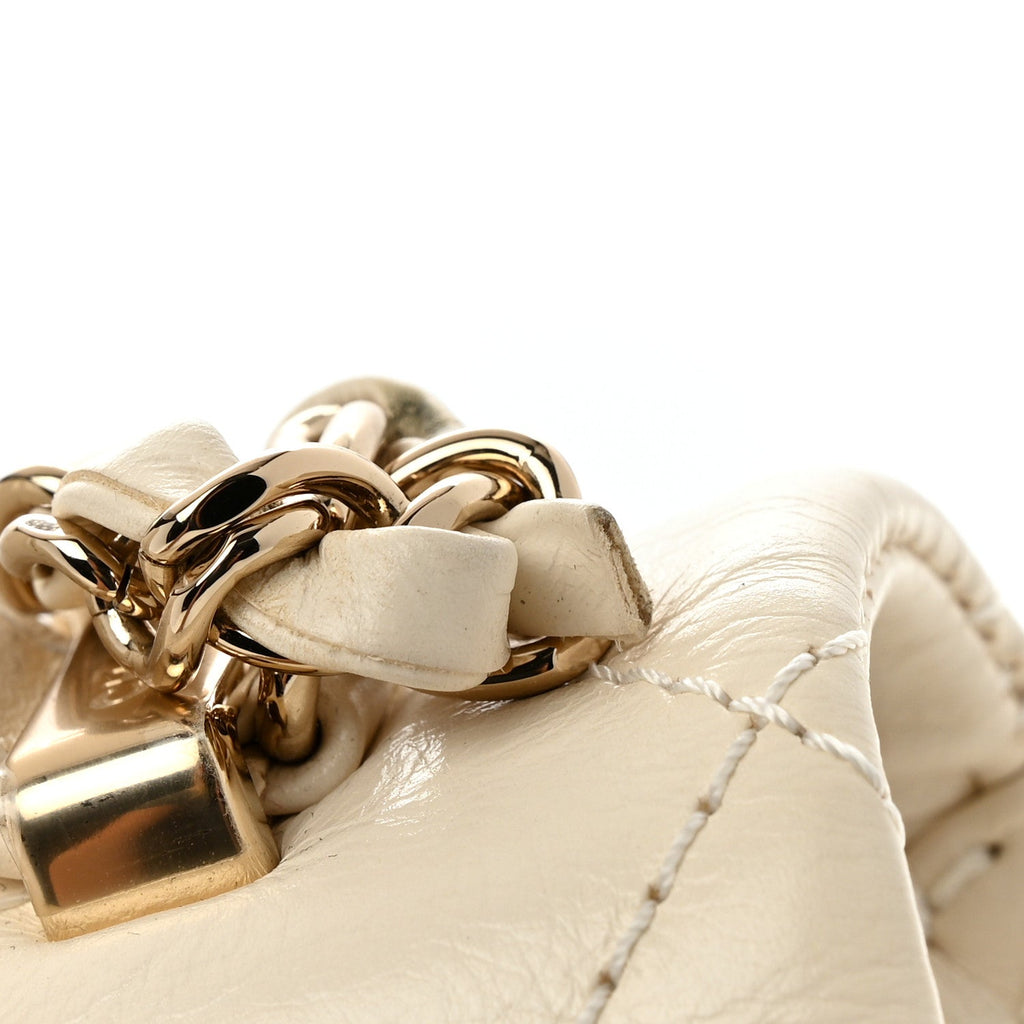Shiny Crumpled Calfskin Quilted Top Handle Flap White