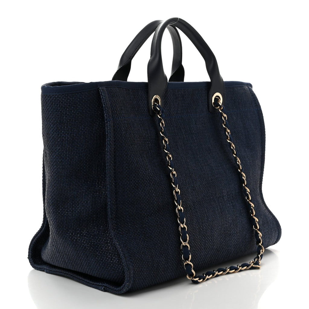 Woven Straw Raffia Medium Deauville Tote Navy