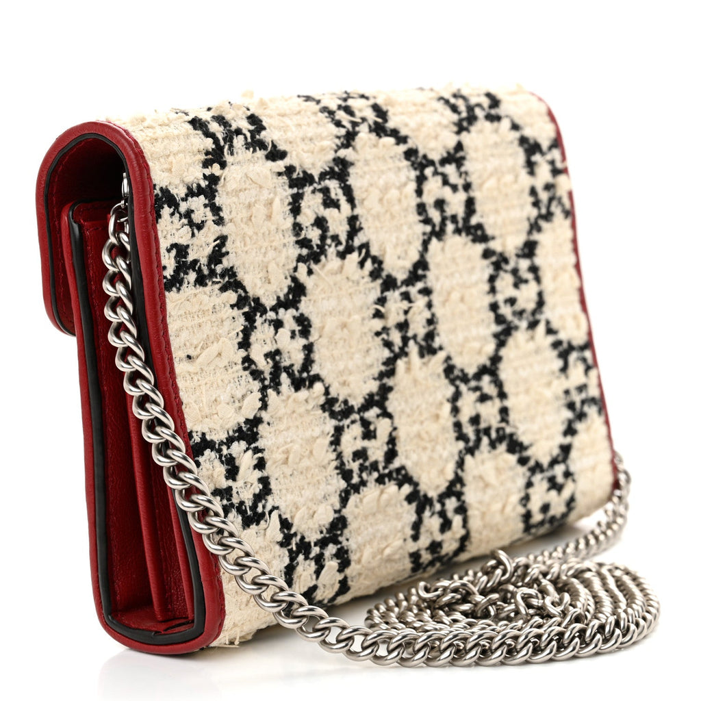 Tweed GG Monogram Mini Dionysus Chain Wallet White Black Romantic Cherry