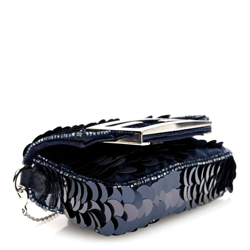 Sequin Paillettes Shiny Nappa Sex and the City Nano Maxi Buckle Baguette Charm Dark Blue