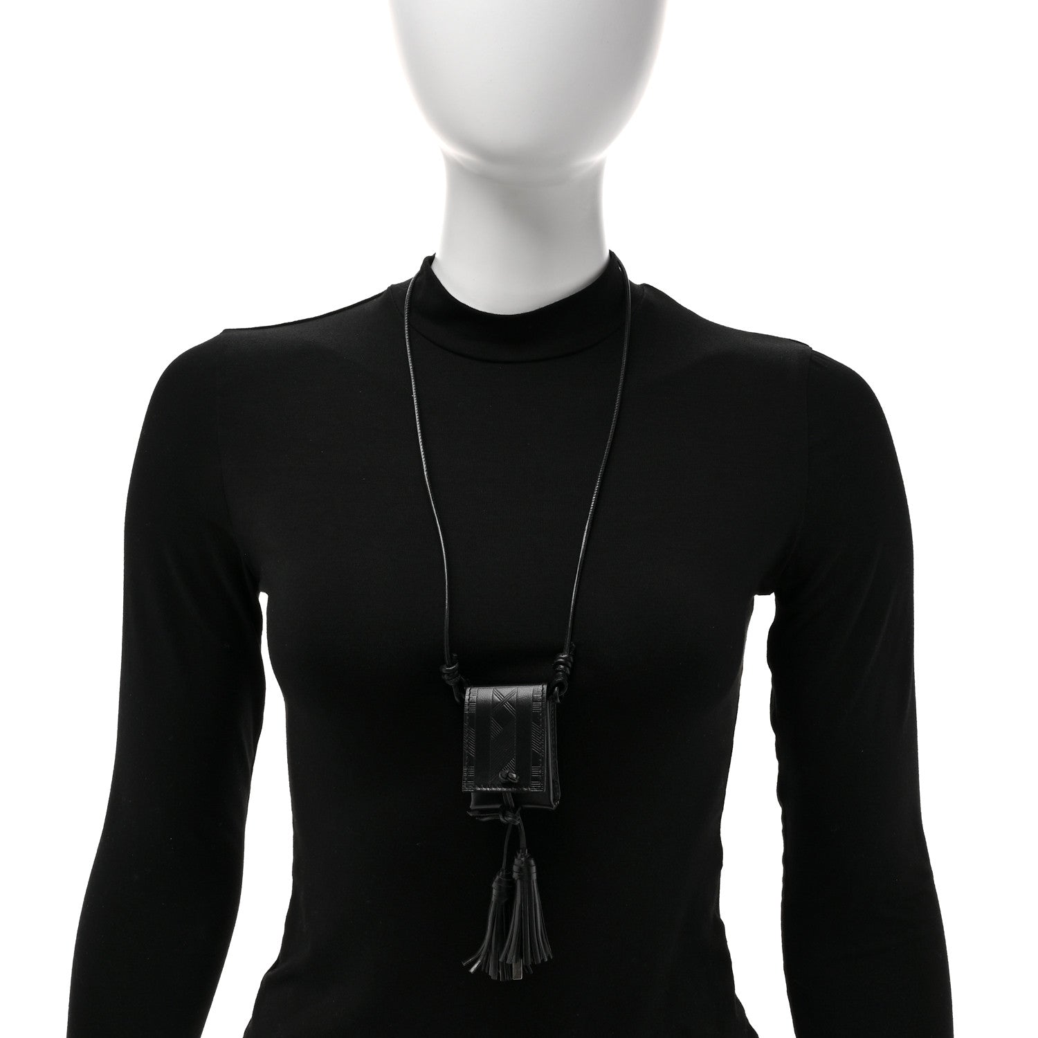 Vegetable Tanned Calfskin Long Tassel Bag Necklace Black