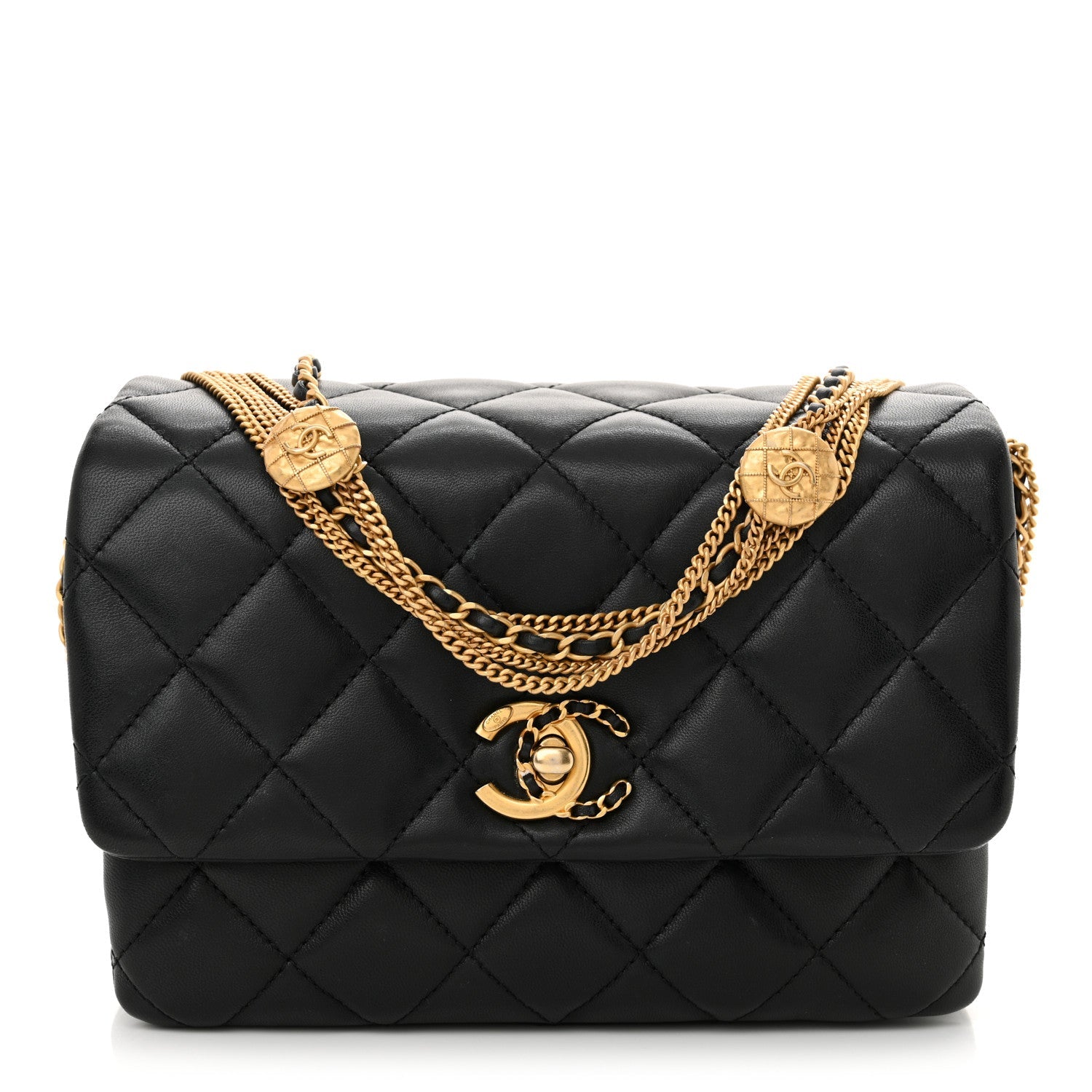 Lambskin Quilted Mini Medallion Multi Chain Flap Black