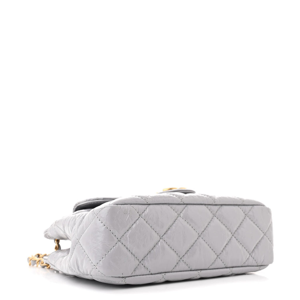 Shiny Crumpled Calfskin Quilted Small Wavy CC Hobo Grey