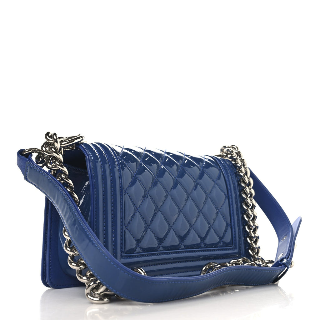 Patent Calfskin Quilted Small Plexiglass Boy Flap Blue