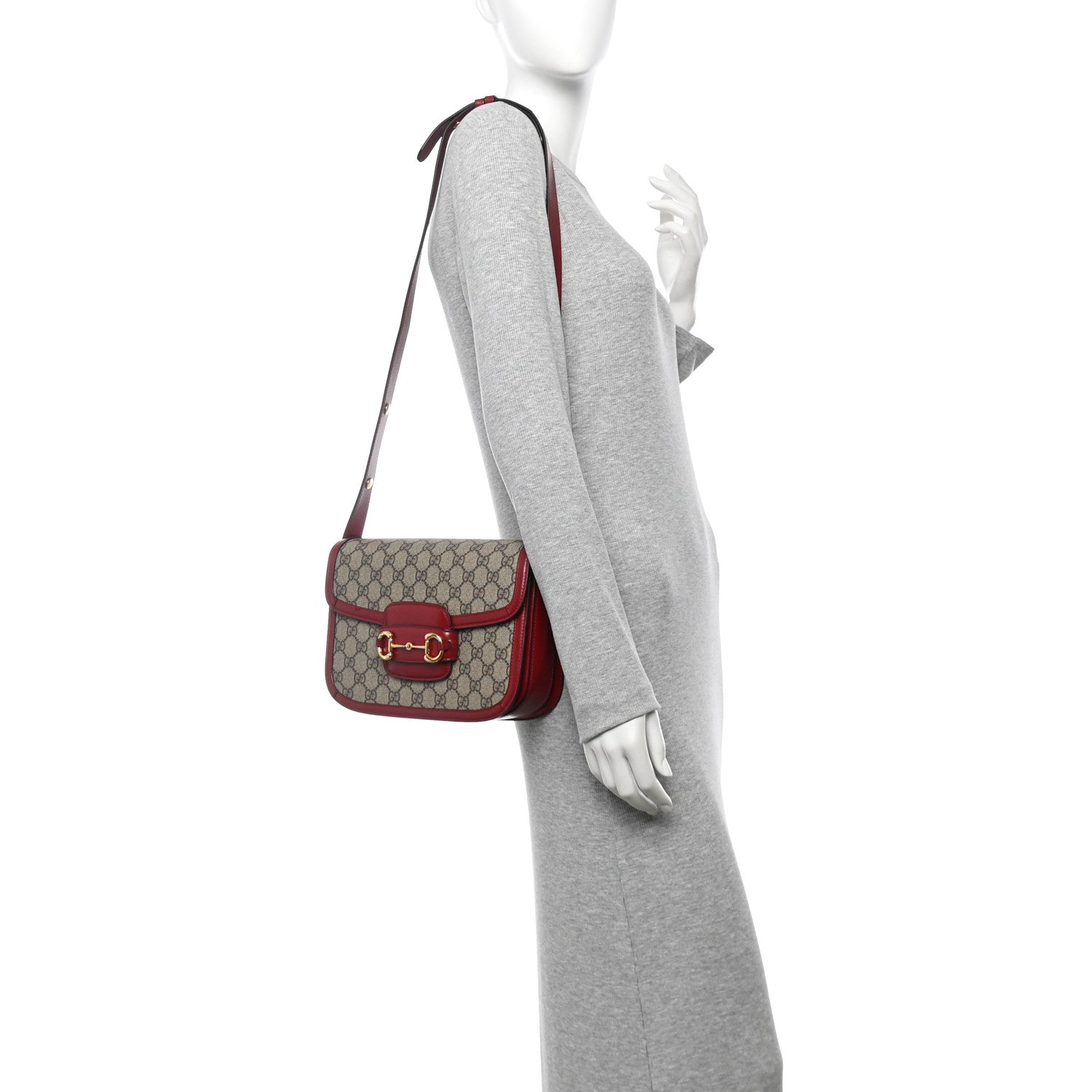 GG Supreme Monogram Azalea Calfskin Horsebit 1955 Shoulder Bag Beige Ebony New Cherry Red