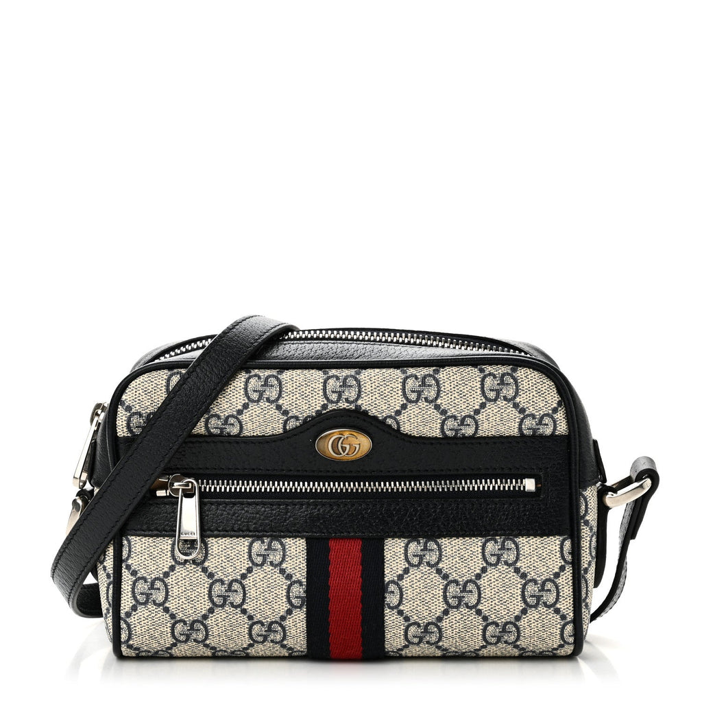 GG Supreme Monogram Textured Dollar Calfskin Web Mini Ophidia Shoulder Bag Beige Blue