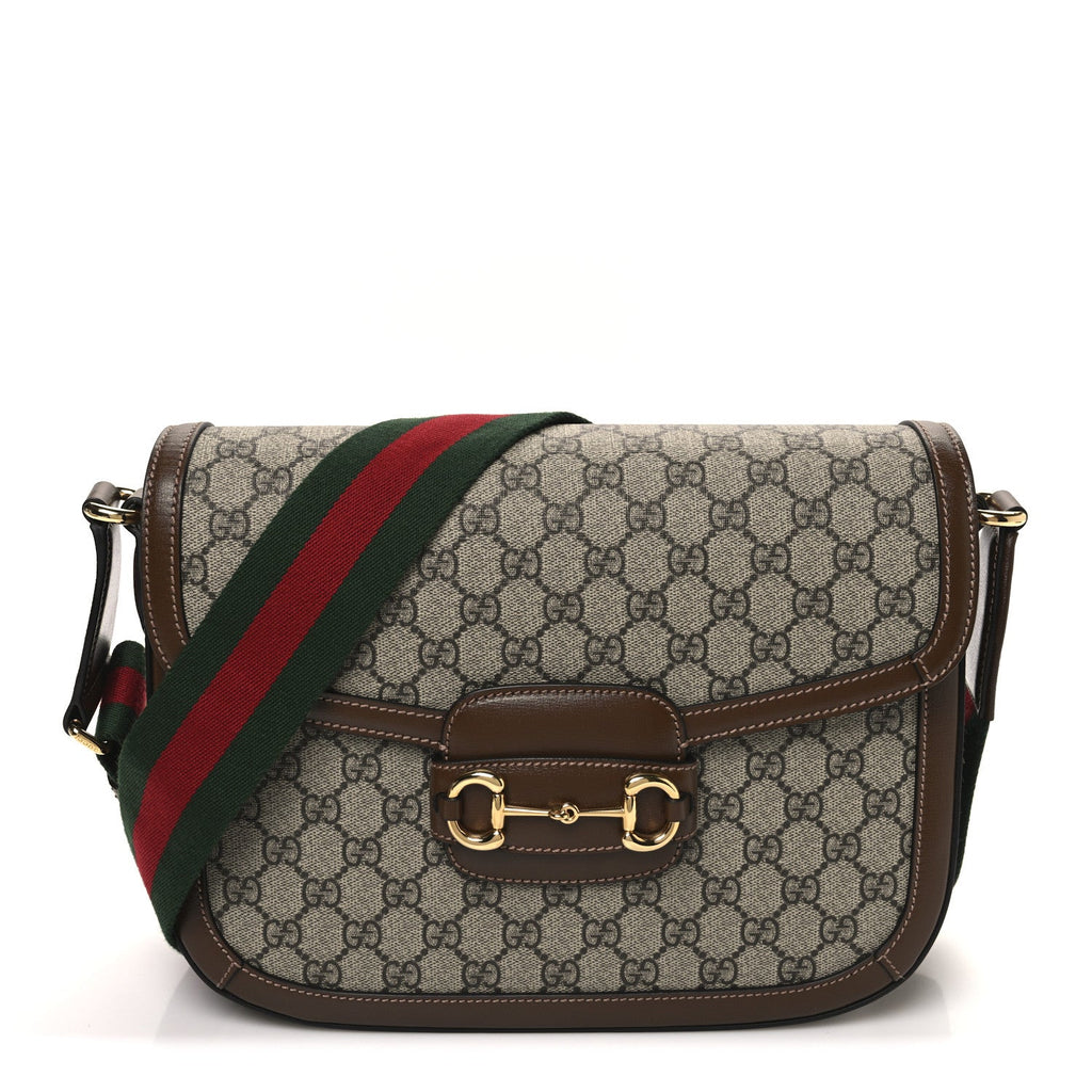 GG Supreme Monogram Azalea Calfskin Web Medium Horsebit 1955 Shoulder Bag Beige Ebony Brown Sugar