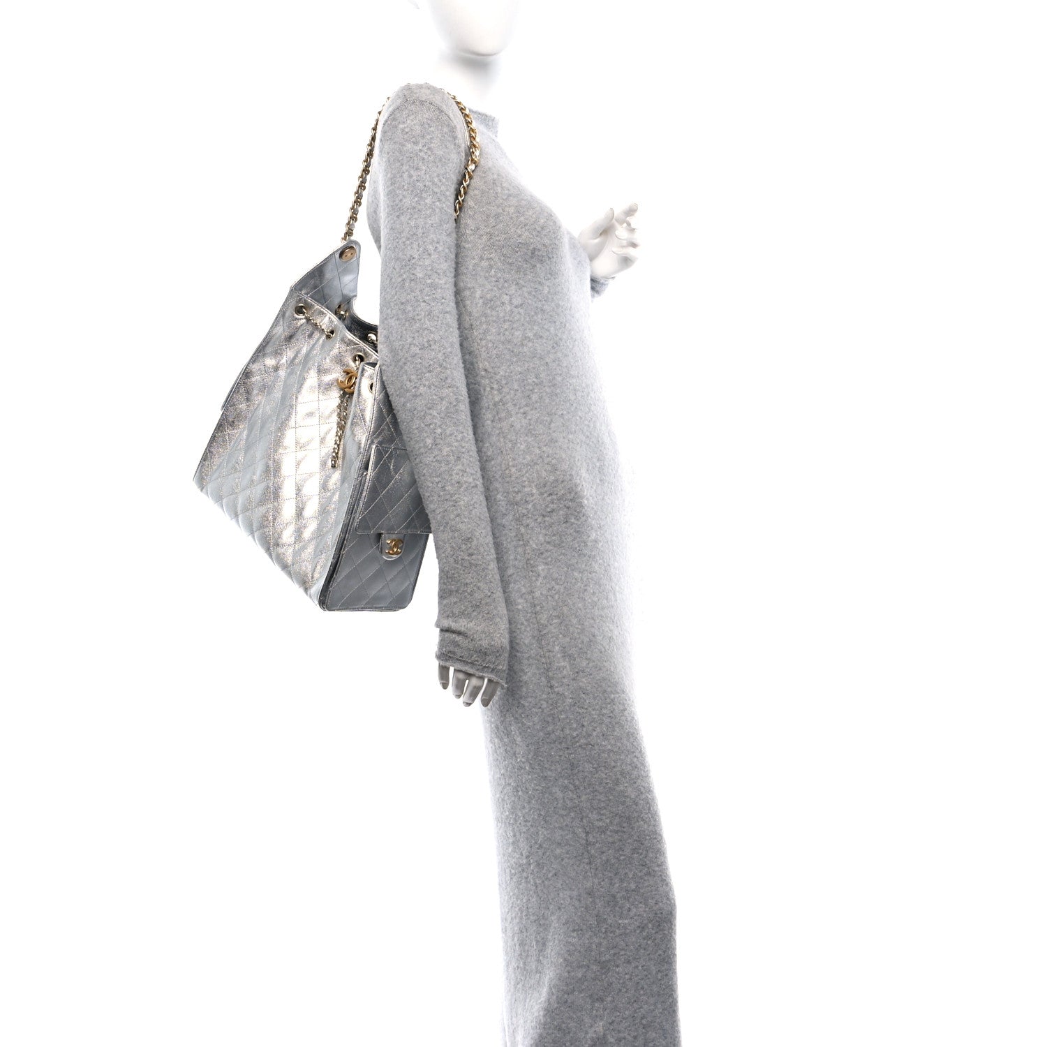 Metallic Caviar Quilted Medium Chanel 25 Handbag Silver