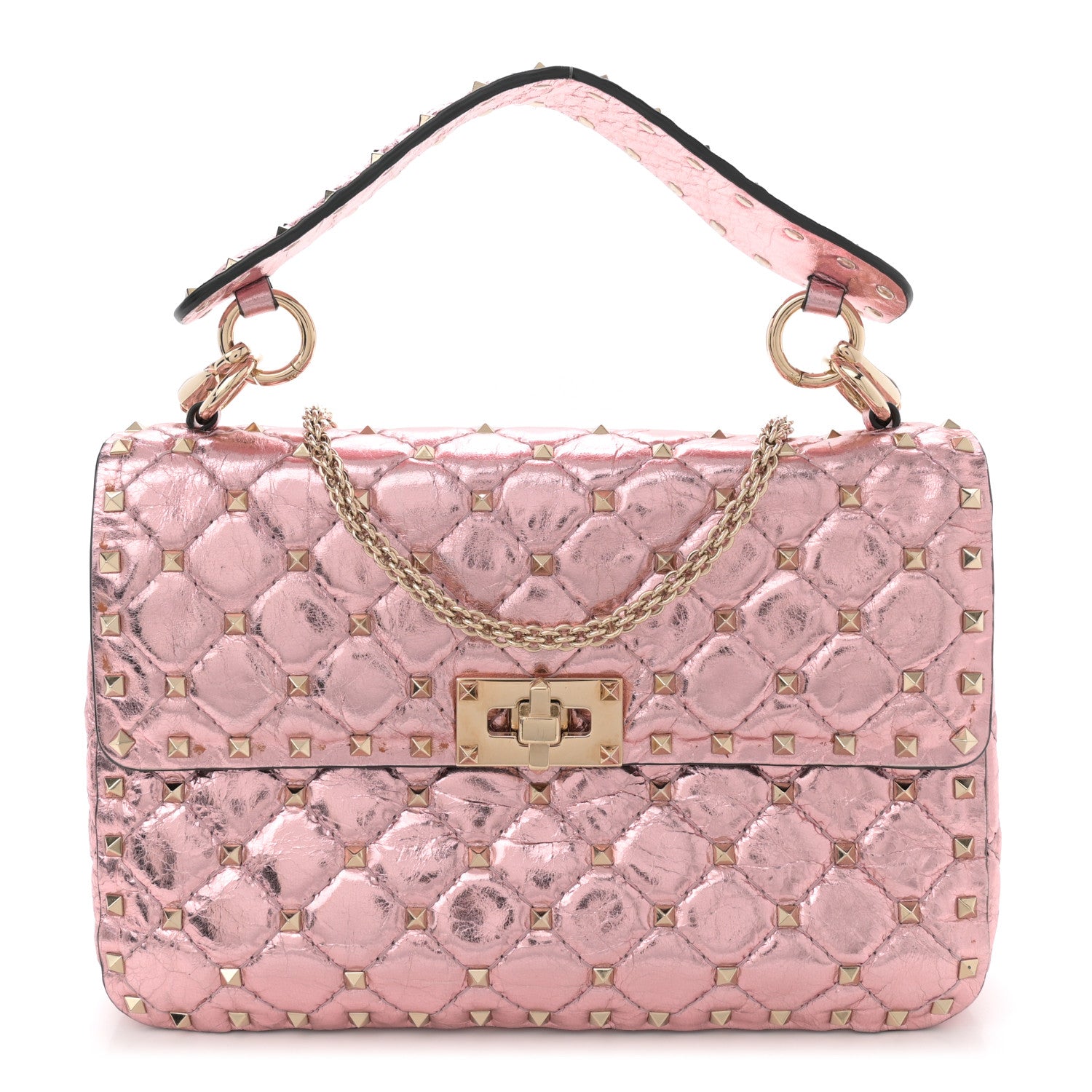 Metallic Wrinkled Lambskin Medium Rockstud Spike Shoulder Bag Lipstick