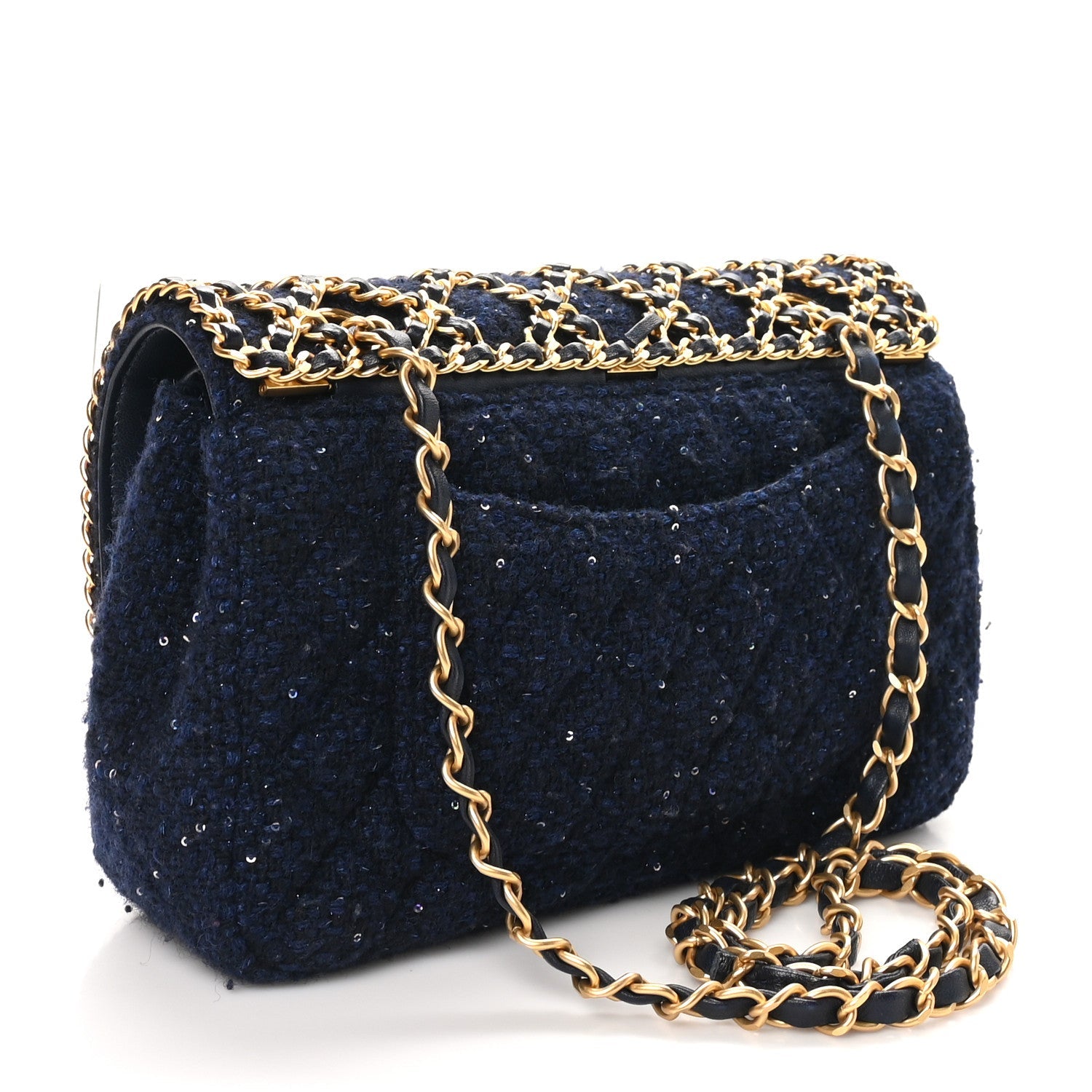 Tweed Sequin Timeless Classic Chained Double Flap Navy Blue