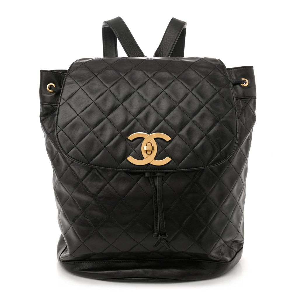 Lambskin Quilted Drawstring Backpack Black