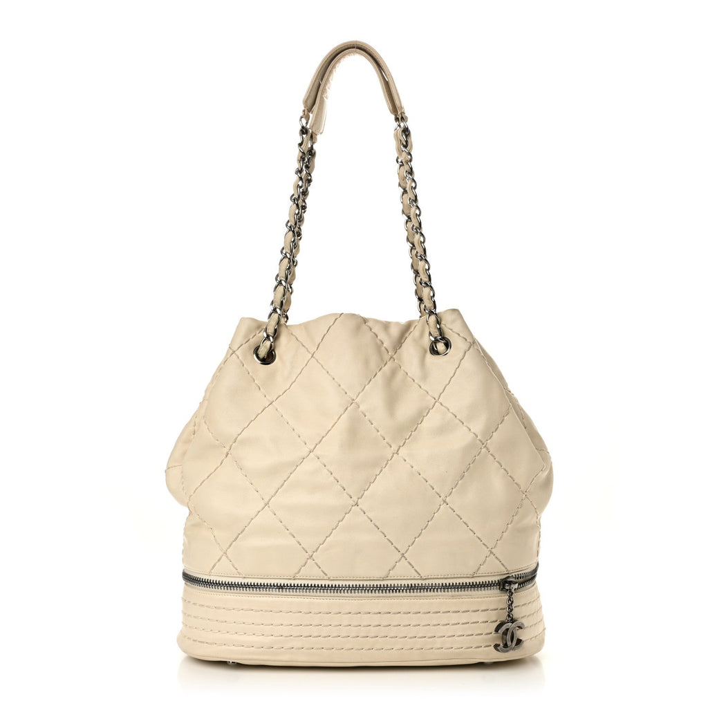Lambskin Stitched Expandable Tote White