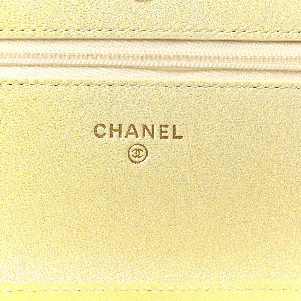Iridescent Goatskin Quilted Wallet on Chain WOC Light Yellow