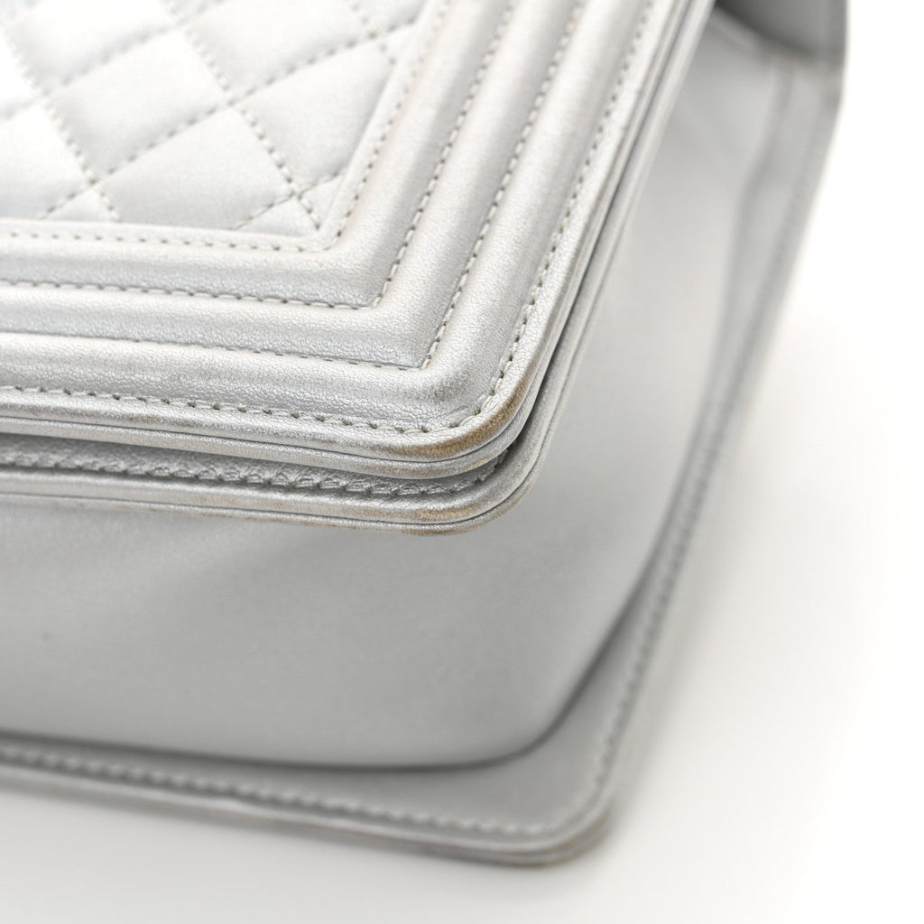 Metallic Calfskin Quilted New Medium Boy Flap Silver