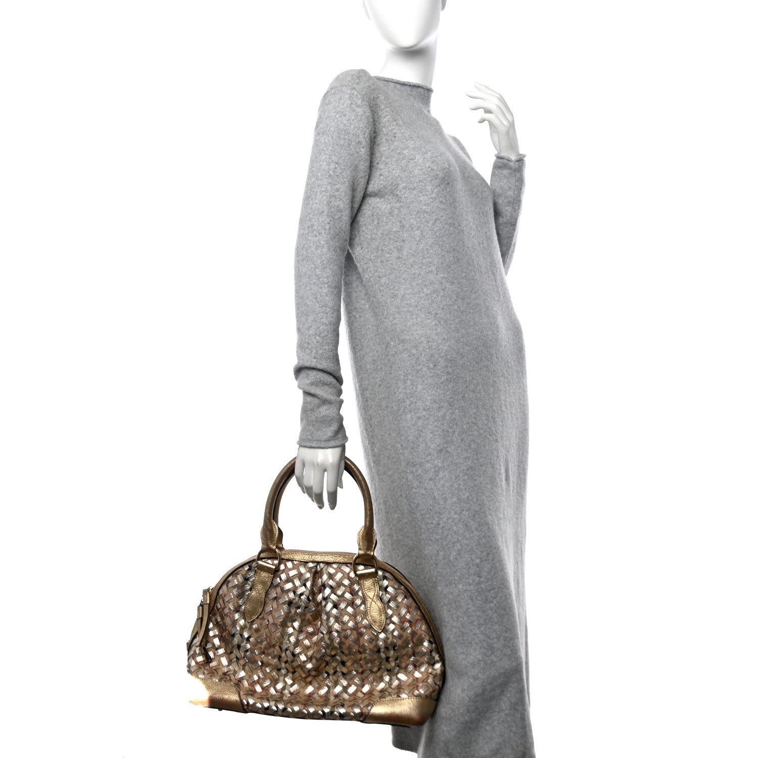 Metallic Woven Haymarket Check Thornley Satchel Gold