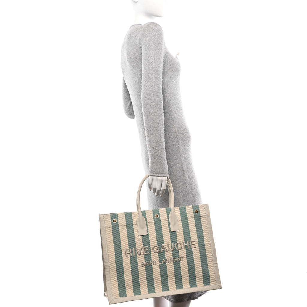 Cotton Linen Calfskin Striped Rive Gauche Tote Water Green