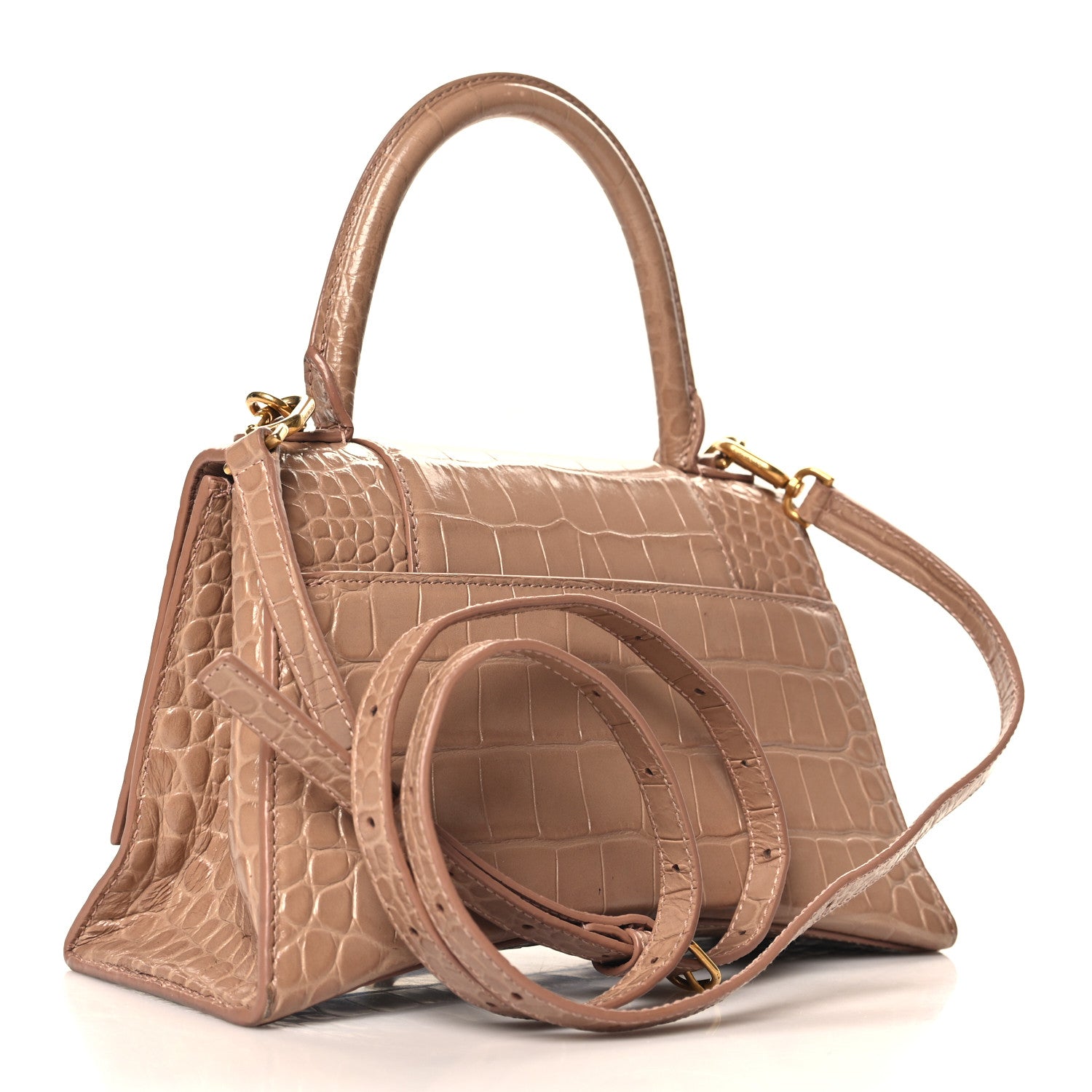 Shiny Calfskin Crocodile Embossed Small Hourglass Top Handle Bag Nude Beige