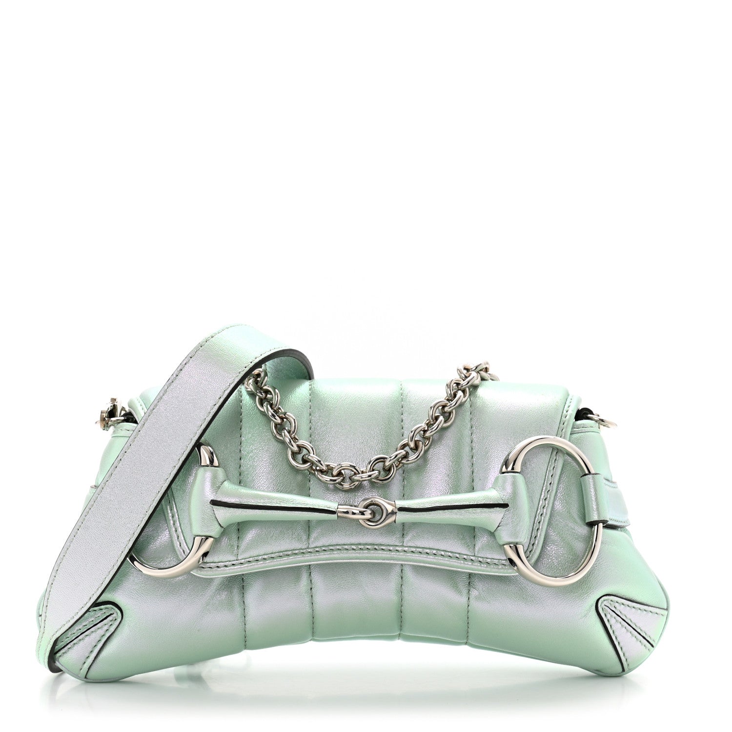 Iridescent Nappa Vertical Matelasse Small Maxi Horsebit Chain Shoulder Bag Iridescent Salvy Green