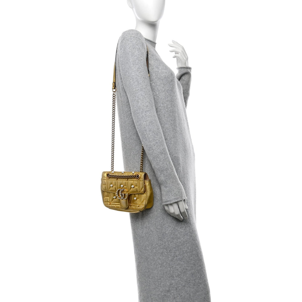 Metallic Calfskin Matelasse Studded Mini Pearly GG Marmont Shoulder Bag Gold