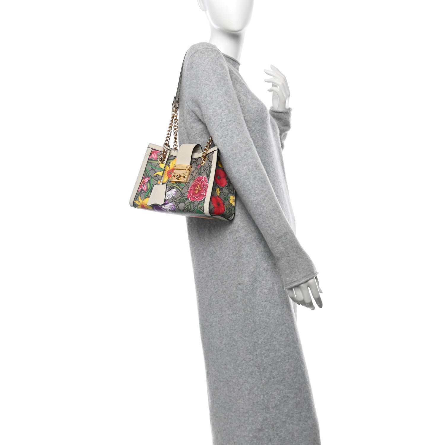 GG Supreme Monogram Flora Textured Calfskin Small Padlock Tote Beige Ebony Multicolor Mystic White