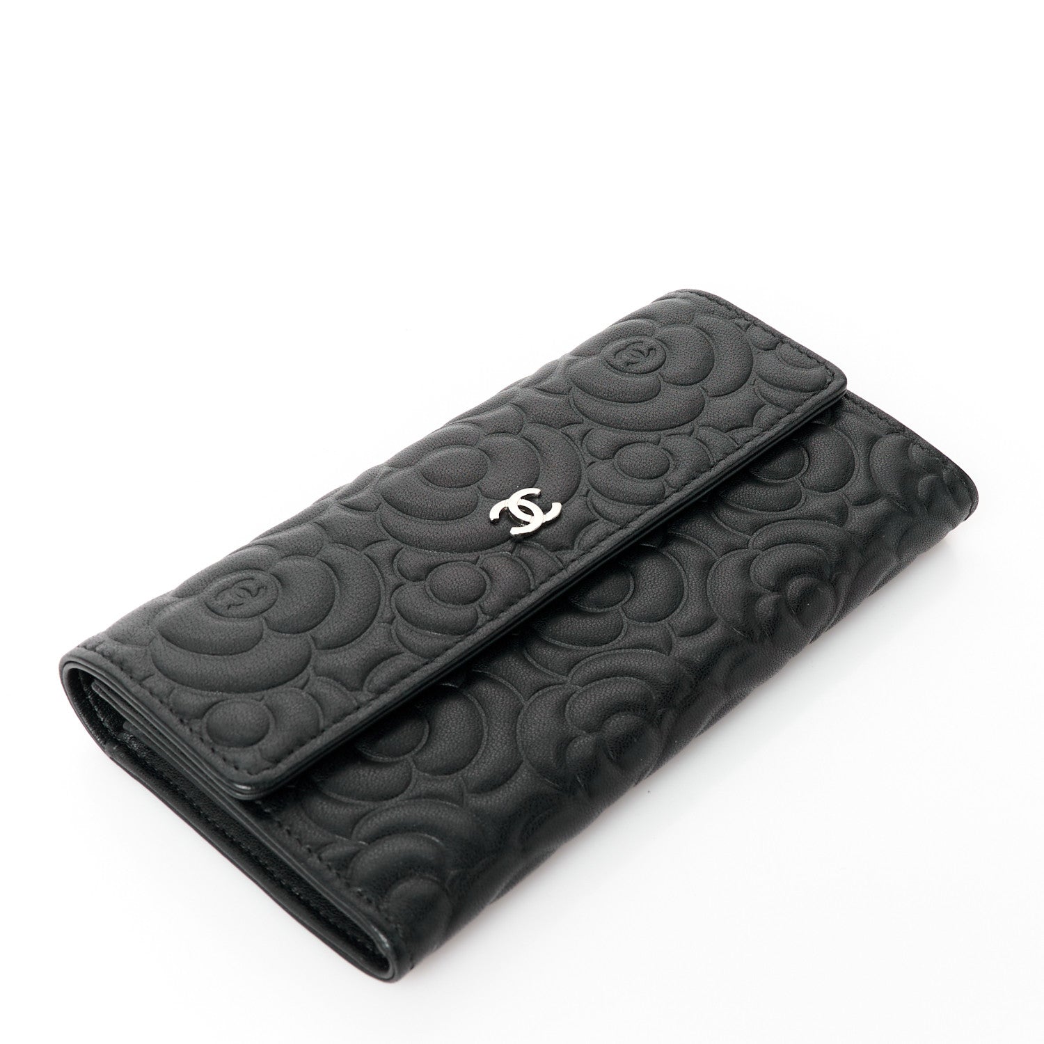 Lambskin Embossed Camellia Large Gusset Flap Wallet Black