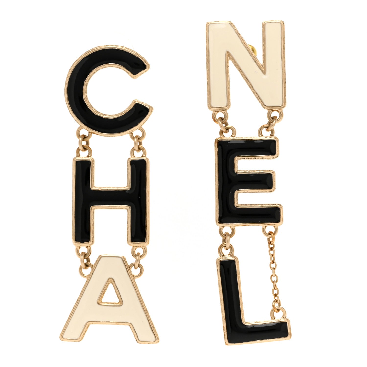 Metal Enamel Cha-Nel Logo Drop Earrings Black White