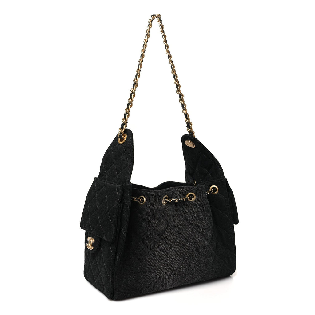 Washed Denim Quilted Small Chanel 25 Handbag Black